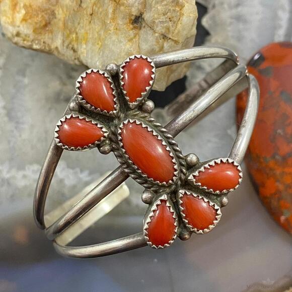 T. Yazzie Native American Sterling Coral Flower Split Shank Bracelet For Women - Picture 1 of 10